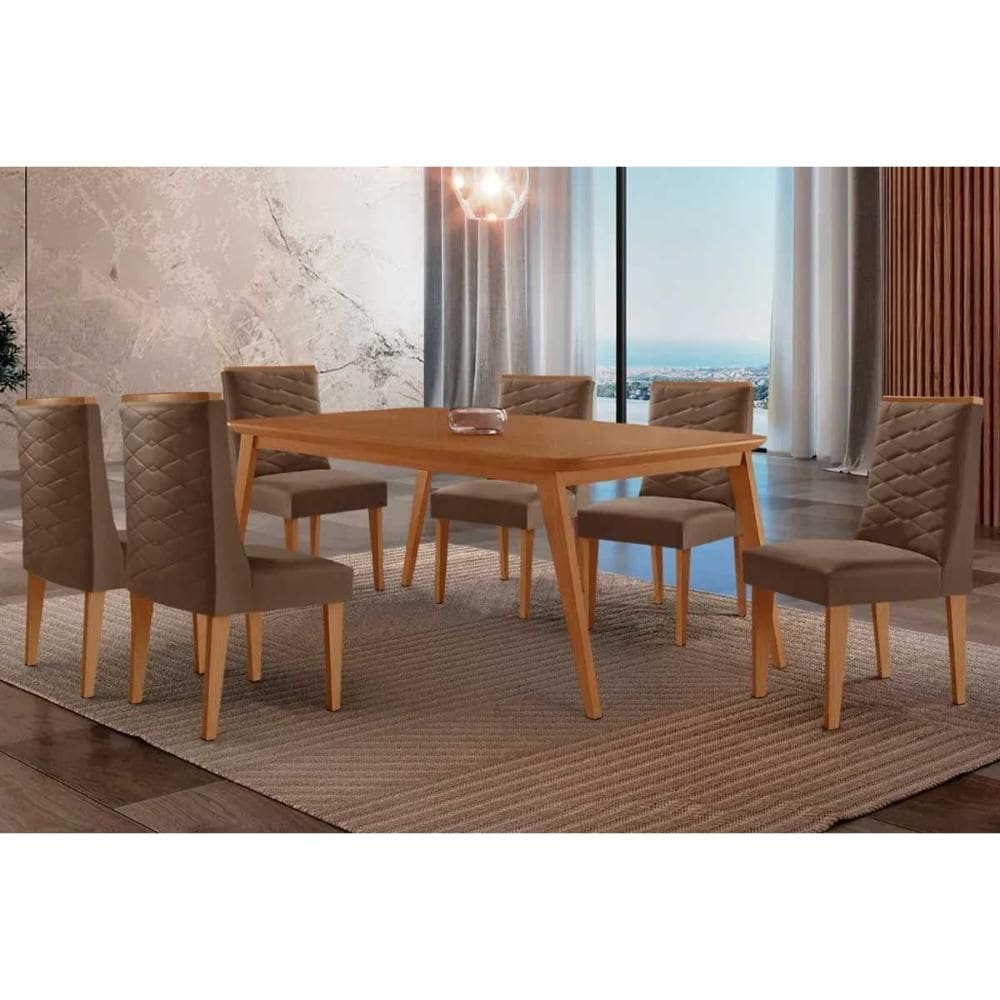 Conjunto: Mesa de Cozinha Havana c/ Tampo Madeirado Canto Curvo 180x90cm e 6 Cadeiras Dafne Naturale - Suede Marrom - Rufato