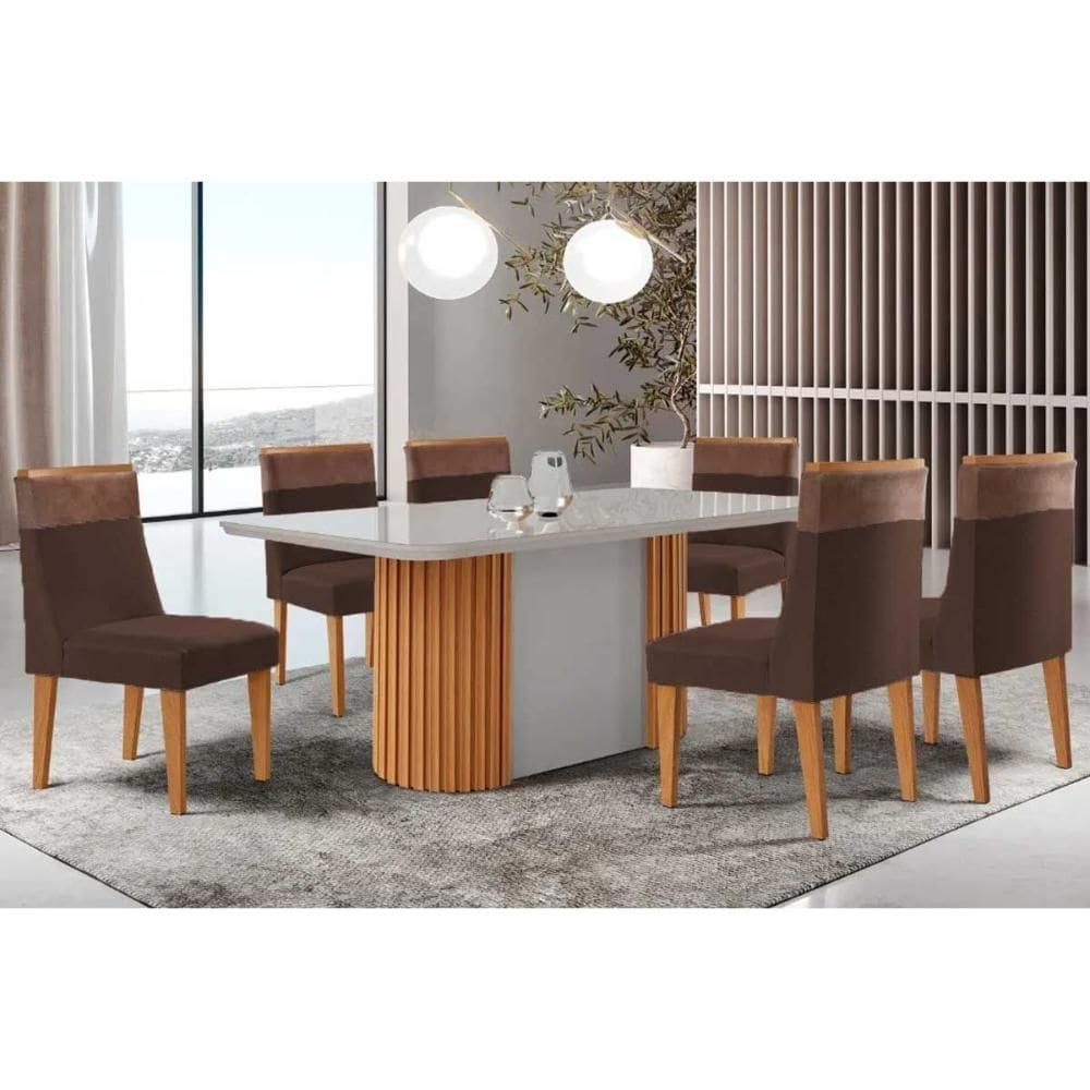 Conjunto: Mesa de Cozinha Pilar c/ Tampo Madeirado c/ Vidro Canto Curvo 180x90cm e 6 Cadeiras Jaspe Naturale/Off White - Suede Marrom - Rufato