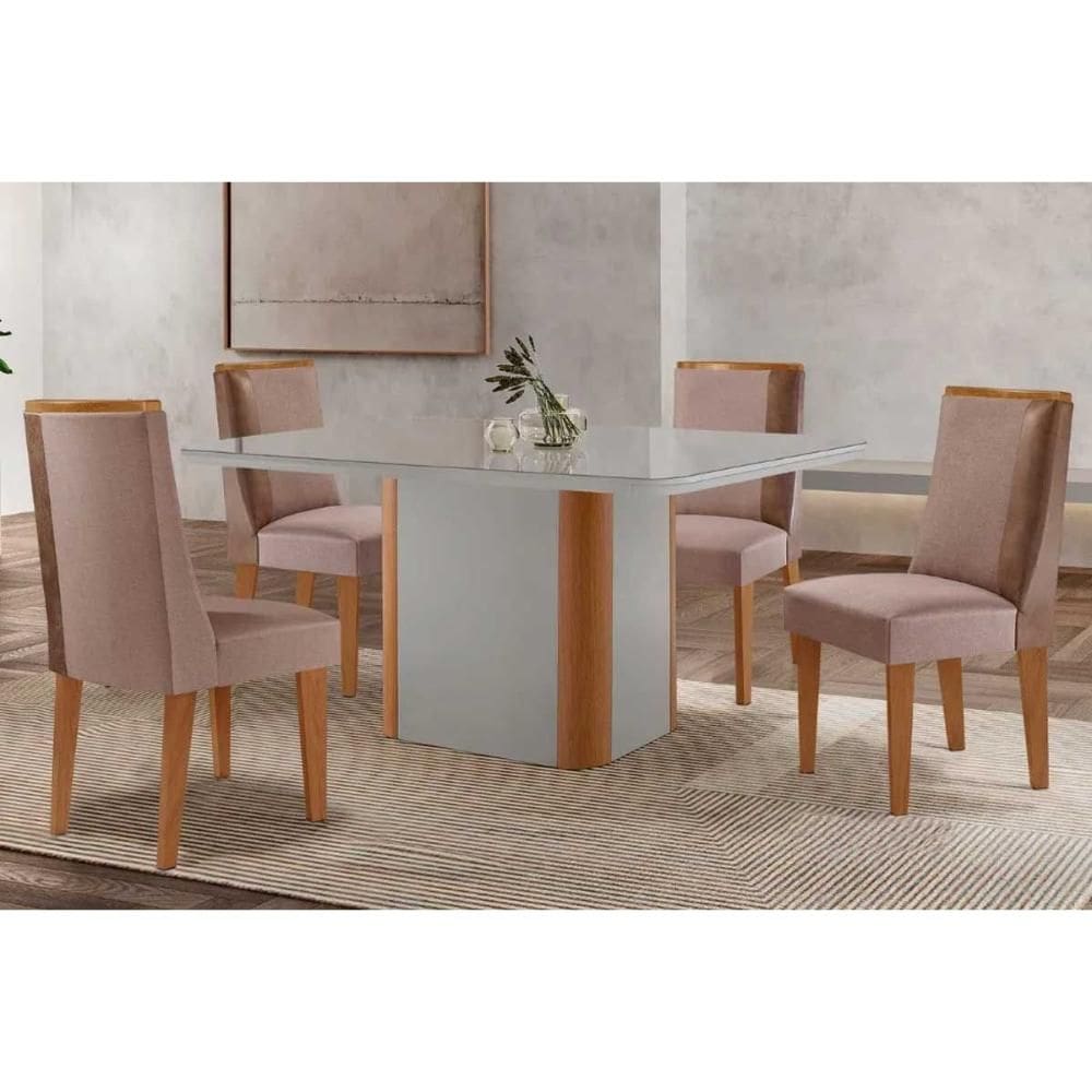 Conjunto: Mesa de Cozinha Pietá c/ Tampo Madeirado c/ Vidro Canto Curvo 120x80cm e 4 Cadeiras Tilia Naturale/Off White - Linho Capuccino - Rufato