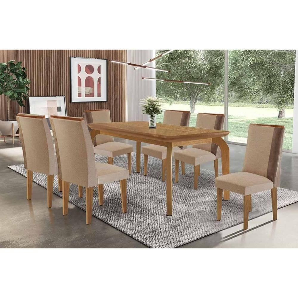 Conjunto: Mesa de Cozinha Londrina c/ Tampo Madeirado Canto Curvo 180x90cm e 6 Cadeiras Tilia Naturale - Linho Capuccino - Rufato
