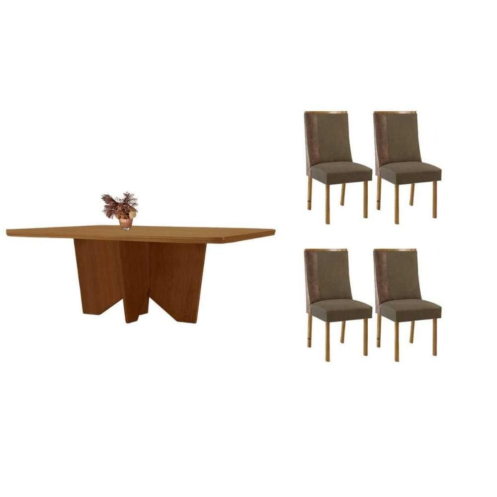 Conjunto: Mesa de Cozinha Nevada c/ Tampo Madeirado Canto Curvo 120x80cm e 4 Cadeiras Tilia Naturale - Suede Capuccino - Rufato