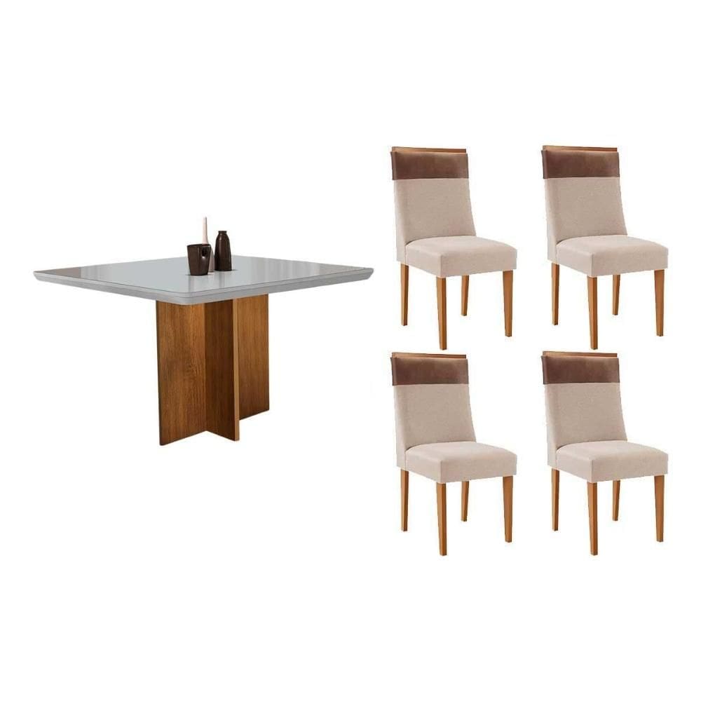 Conjunto: Mesa de Cozinha Berlim c/ Tampo Madeirado c/ Vidro Canto Curvo 90x90cm e 4 Cadeiras Jaspe Naturale/Off White - Suede Creme - Rufato