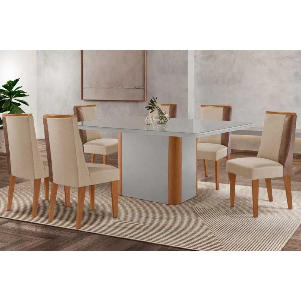 Conjunto: Mesa de Cozinha Pietá c/ Tampo Madeirado c/ Vidro Canto Curvo 180x90cm e 6 Cadeiras Tilia Naturale/Off White - Suede Creme - Rufato