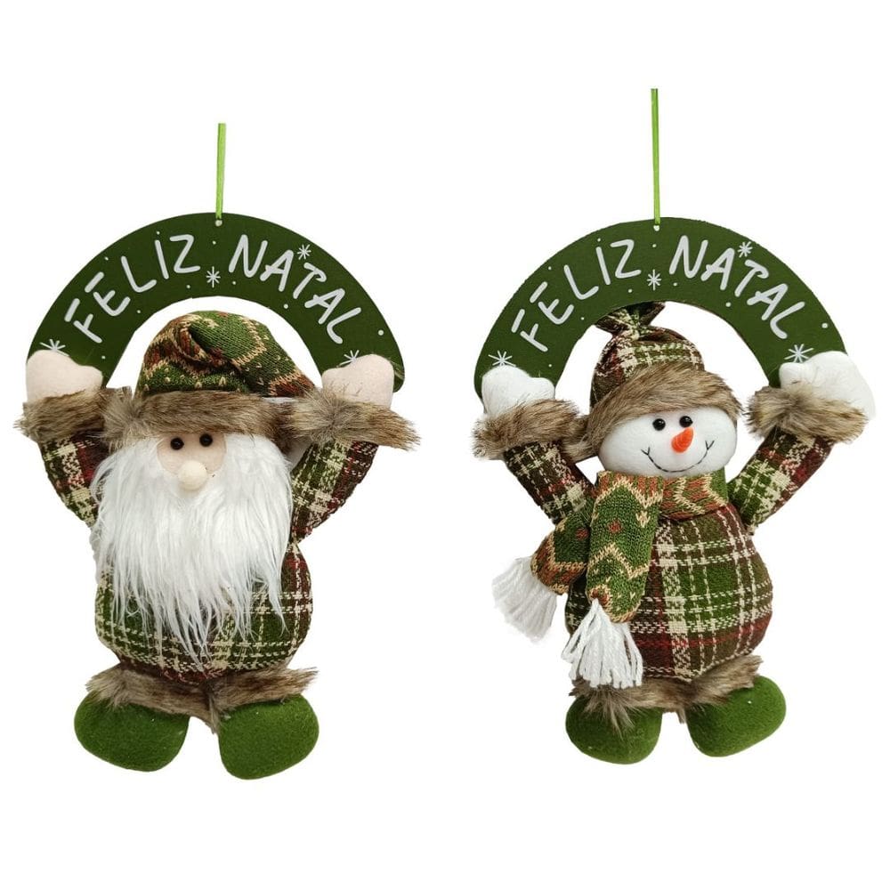 Jogo 2 Guirlandas Placa Feliz Natal Madeira Papai Noel e Boneco de Neve Pelúcia Verde Xadrez Cachecol e Gorro Crochê 30c