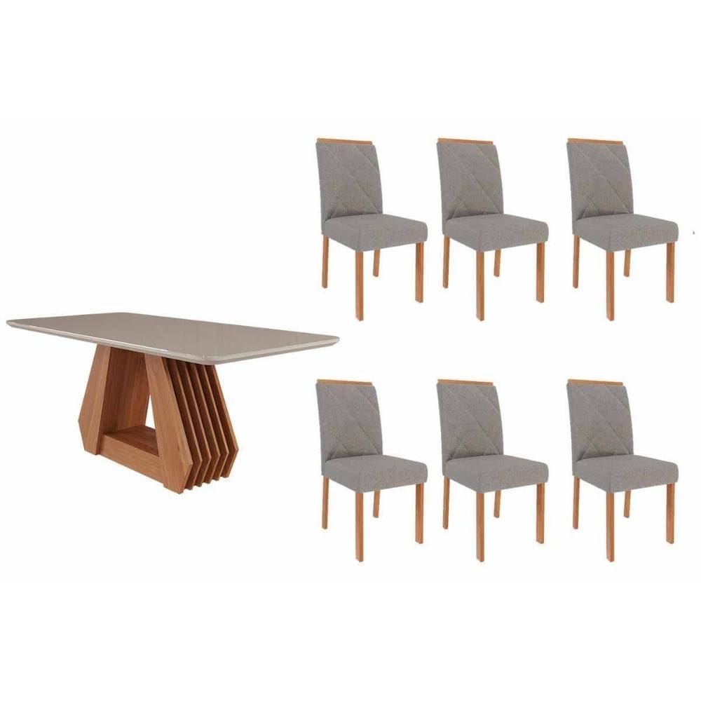 Conjunto: Mesa de Cozinha Ágata Tampo Madeirado c/ Vidro 180x90cm e 6 Cadeiras Fernanda Cinamomo/Off White - Carvalho/Linho Grafite - Cimol