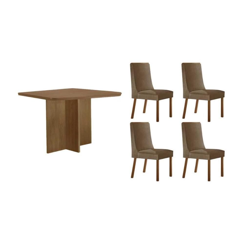 Conjunto: Mesa de Cozinha Berlim c/ Tampo Madeirado Canto Curvo 90x90cm e 4 Cadeiras Dakota Naturale - Suede Capuccino - Rufato