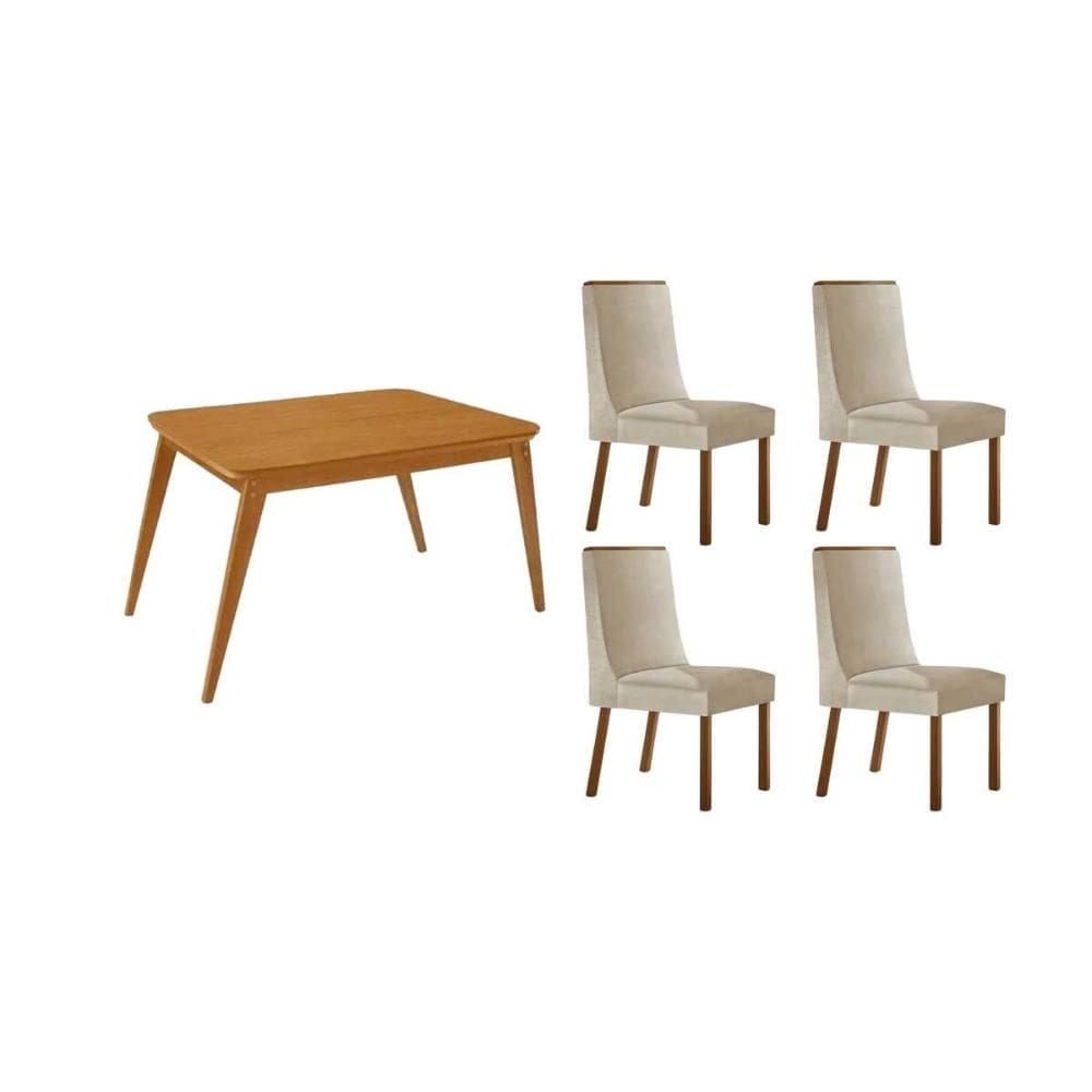 Conjunto: Mesa de Cozinha Havana c/ Tampo Madeirado Canto Curvo 120x80cm e 4 Cadeiras Dakota Naturale - Suede Creme - Rufato