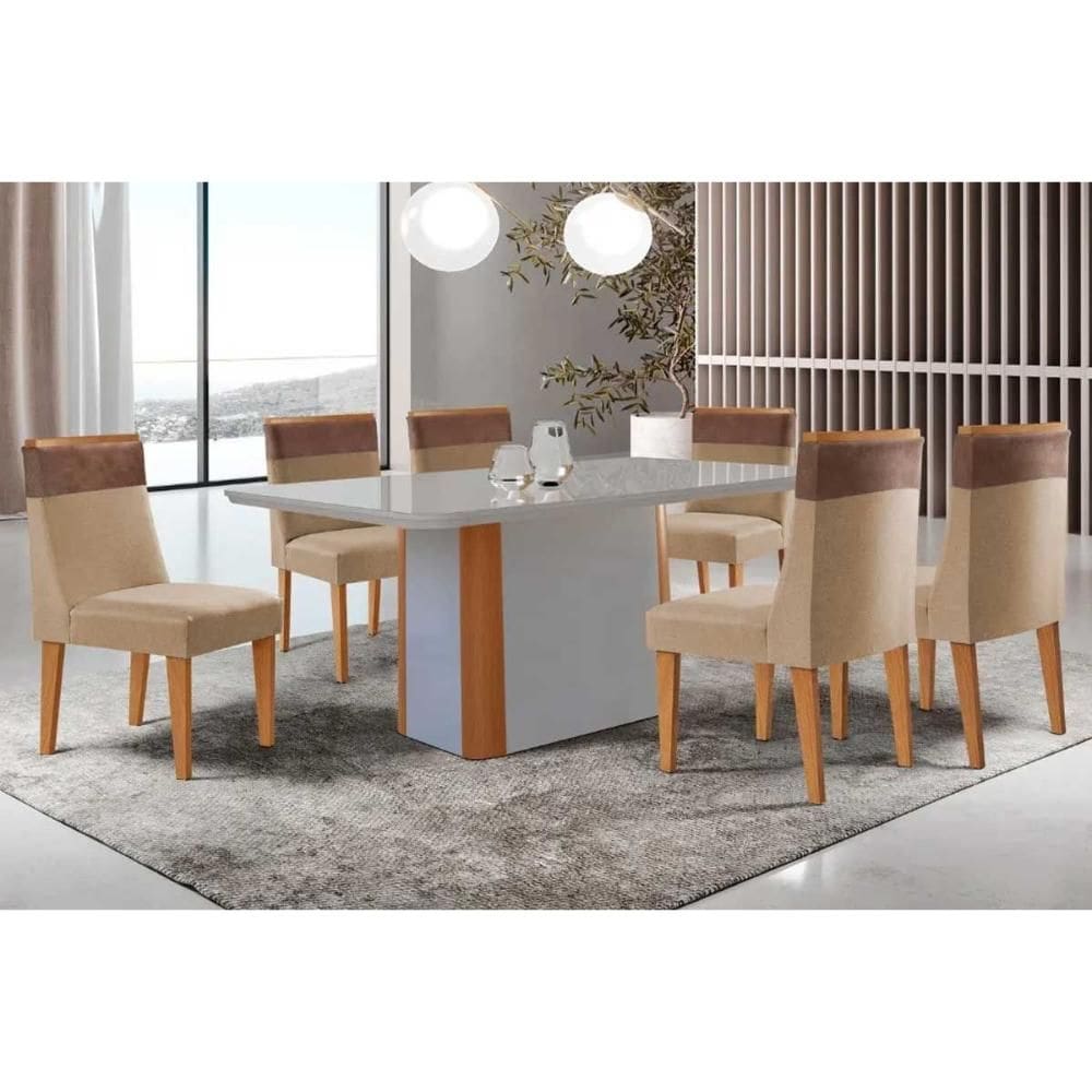 Conjunto: Mesa de Cozinha Pietá c/ Tampo Madeirado c/ Vidro Canto Curvo 180x90cm e 6 Cadeiras Jaspe Naturale/Off White - Linho Bege - Rufato