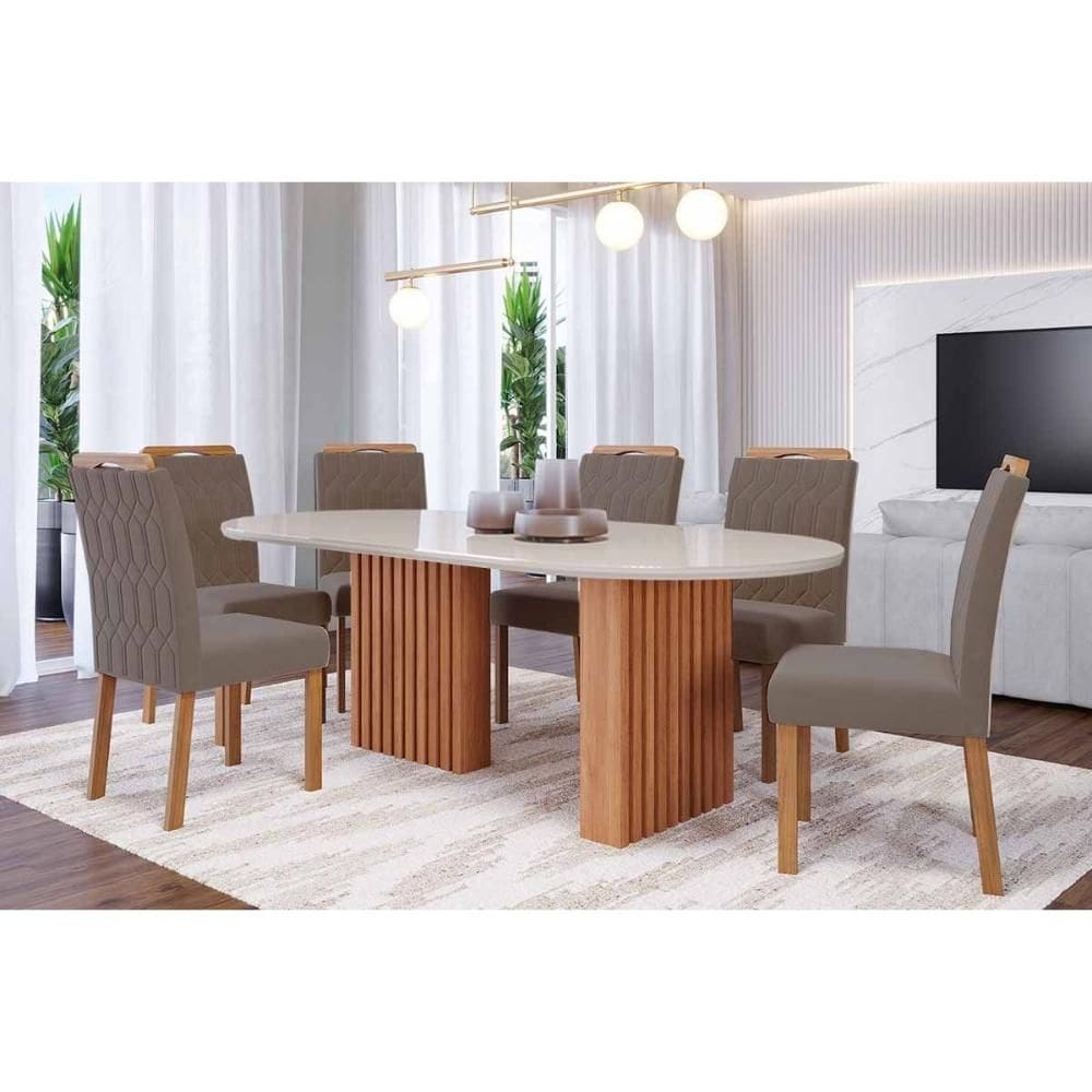Conjunto: Mesa de Cozinha Ester Tampo Madeirado Oval c/ Vidro 210x100cm e 6 Cadeiras Paola Cinamomo/Off White - Carvalho/Linho Grafite - Cimol
