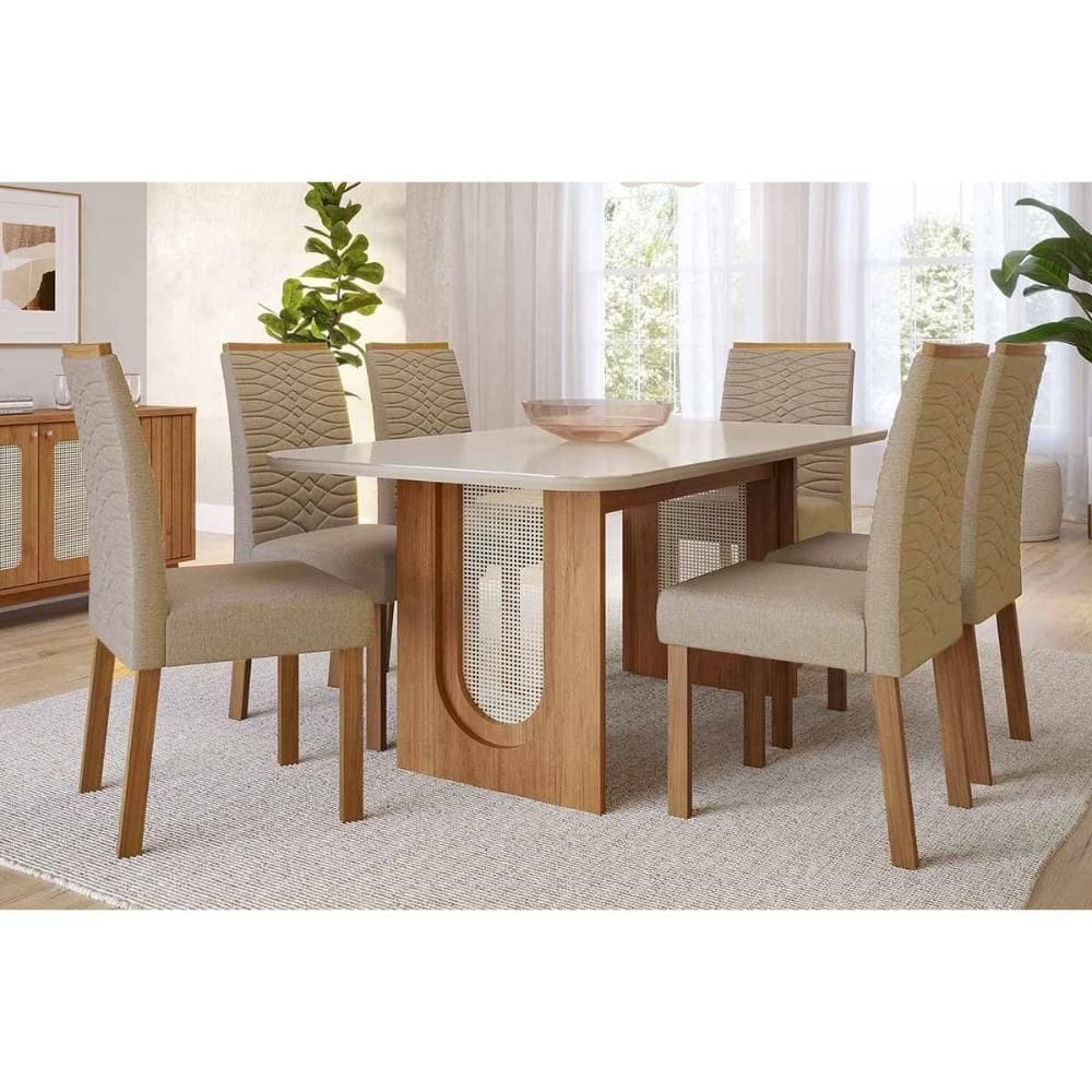 Conjunto: Mesa Sala Jantar Valentina Tampo Madeirado c/ Vidro 180x90cm e 6 Cadeiras Clarice Cinamomo/Off White - Carvalho/Linho Bege - Cimol