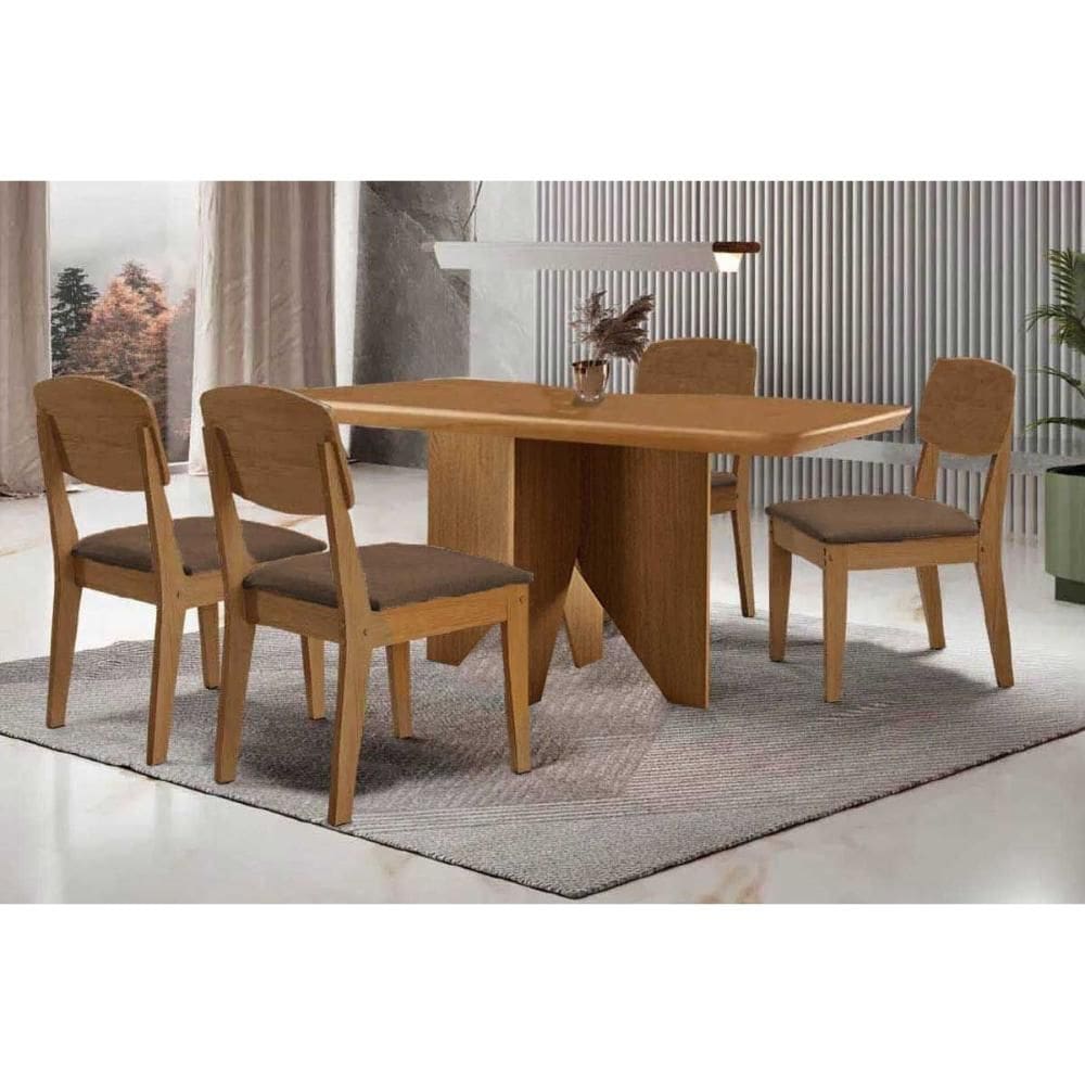 Conjunto: Mesa de Cozinha Nevada c/ Tampo Madeirado Canto Curvo 120x80cm e 4 Cadeiras Havana Naturale - Suede Marrom - Rufato