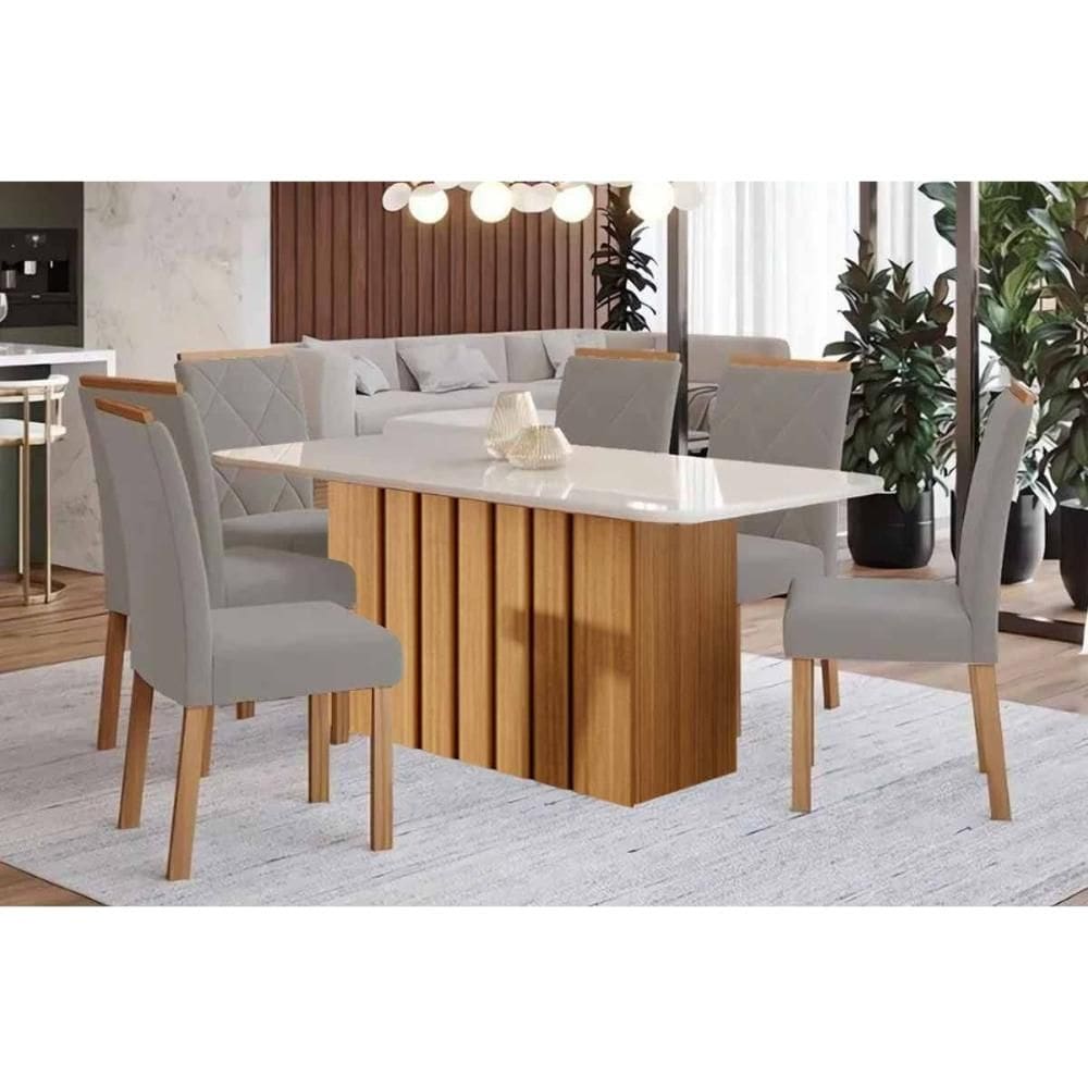 Conjunto: Mesa de Cozinha Ana Tampo Madeirado c/ Vidro 180x90cm e 6 Cadeiras Fernanda Nature/Off White - Carvalho/Linho Grafite - Cimol