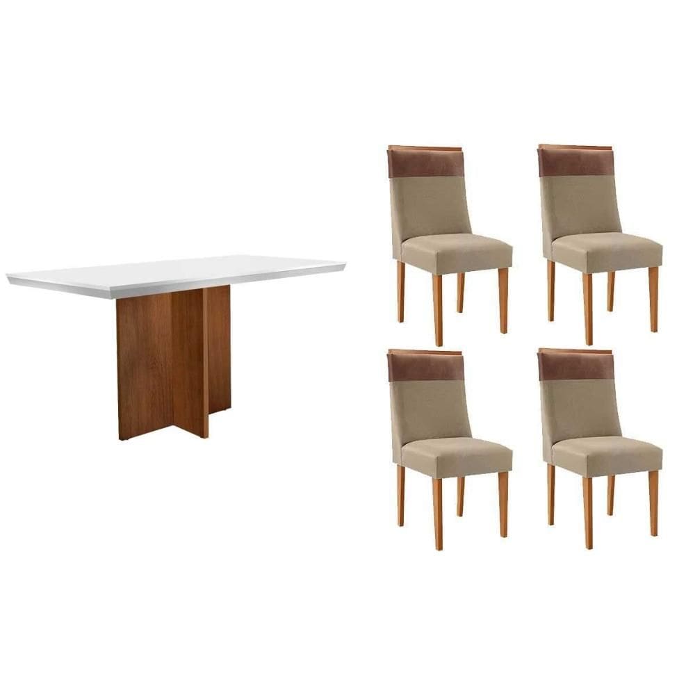 Conjunto: Mesa de Cozinha Berlim c/ Tampo Madeirado c/ Vidro Canto Curvo 120x80cm e 4 Cadeiras Jaspe Naturale/Off White - Linho Bege - Rufato