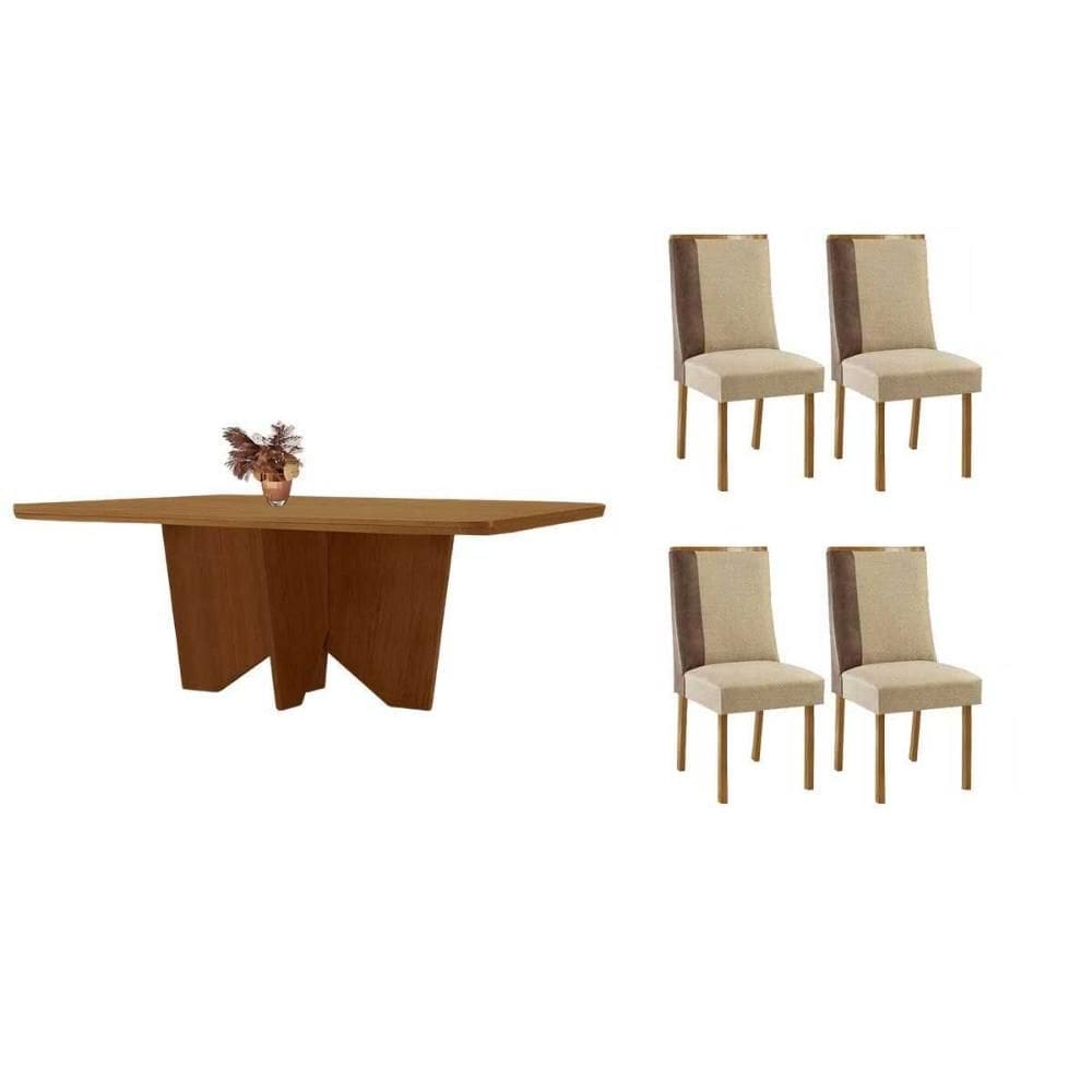 Conjunto: Mesa de Cozinha Nevada c/ Tampo Madeirado Canto Curvo 120x80cm e 4 Cadeiras Tilia Naturale - Linho Bege - Rufato