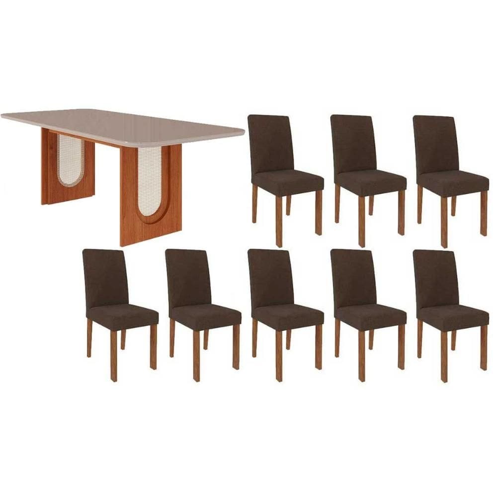 Conjunto: Mesa Sala Jantar Valentina Tampo Madeirado c/ Vidro 210x100cm e 8 Cadeiras Maia Cinamomo/Off White - Suede Mascavo Chocolate - Cimol