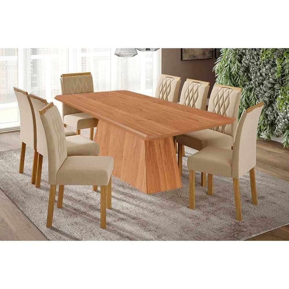 Conjunto: Mesa Sala Jantar Helena Tampo Madeirado 210x100cm e 8 Cadeiras Juliana Cinamomo - Carvalho/Suede Nude Bege - Cimol
