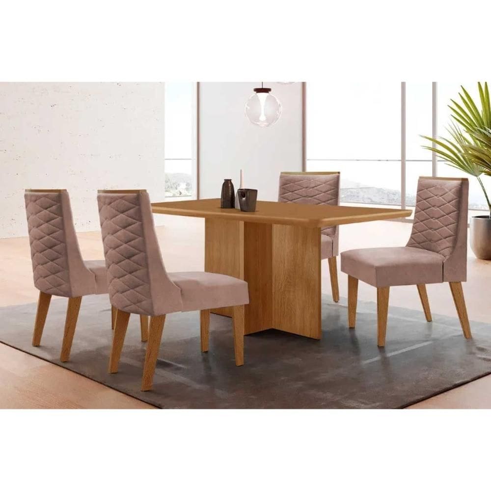 Conjunto: Mesa de Cozinha Berlim c/ Tampo Madeirado Canto Curvo 120x80cm e 4 Cadeiras Dafne Naturale - Linho Capuccino - Rufato