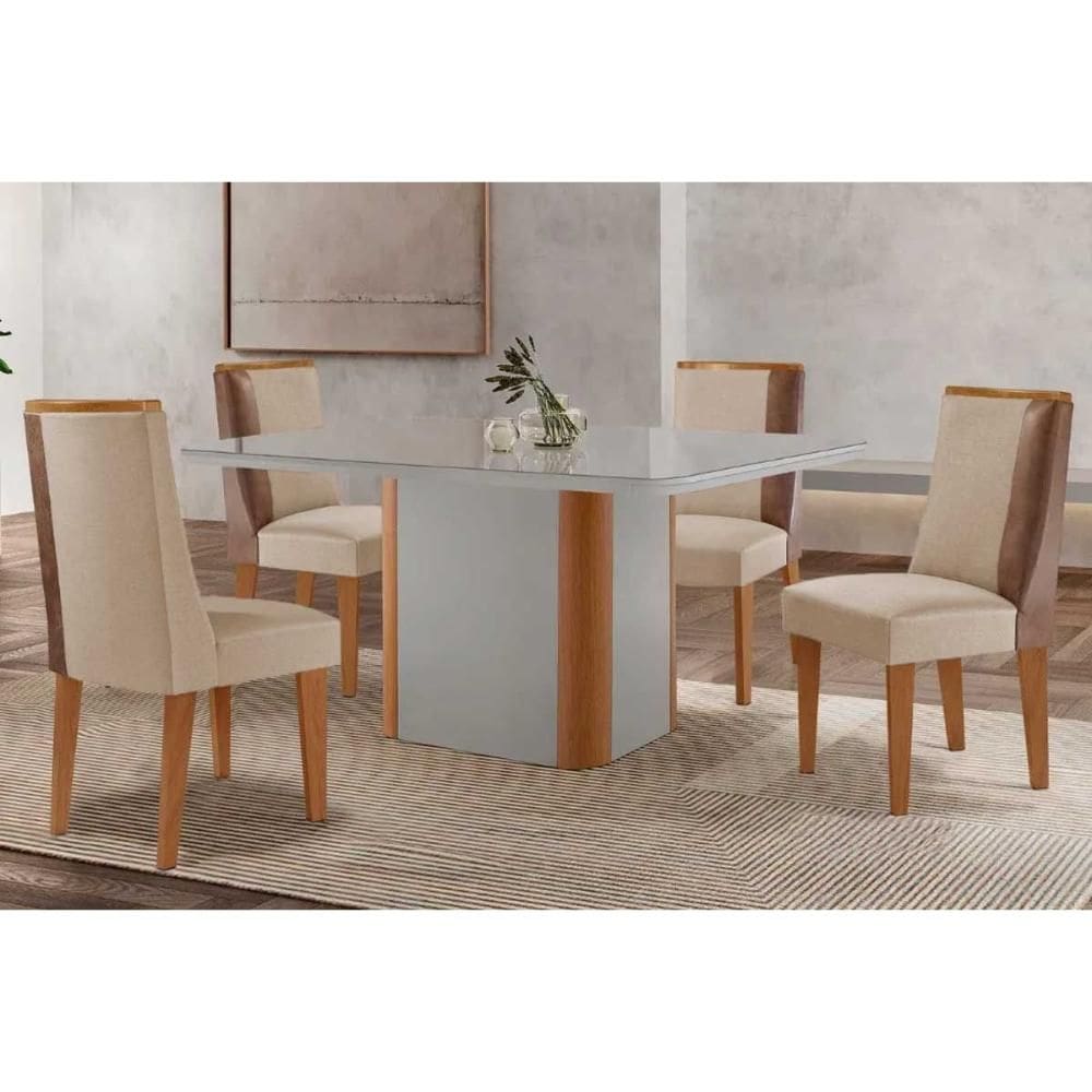 Conjunto: Mesa de Cozinha Pietá c/ Tampo Madeirado c/ Vidro Canto Curvo 120x80cm e 4 Cadeiras Tilia Naturale/Off White - Suede Creme - Rufato