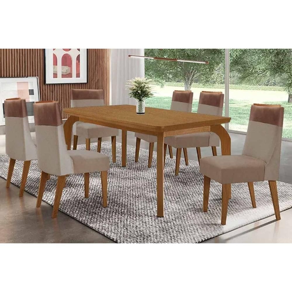 Conjunto: Mesa de Cozinha Londrina c/ Tampo Madeirado Canto Curvo 180x90cm e 6 Cadeiras Jaspe Naturale - Linho Capuccino - Rufato