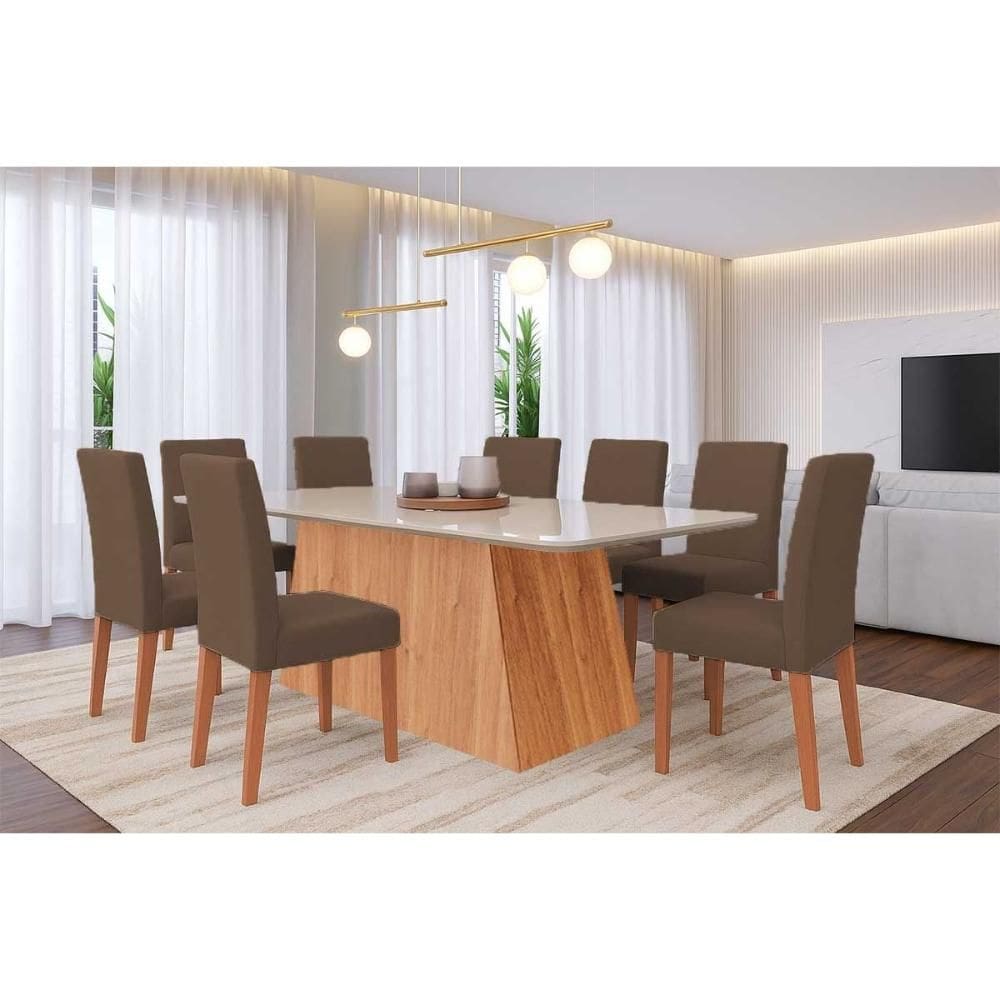 Conjunto: Mesa Sala Jantar Helena Tampo Madeirado c/ Vidro 210x100cm e 8 Cadeiras Maia Cinamomo/Off White - Suede Mascavo Chocolate - Cimol