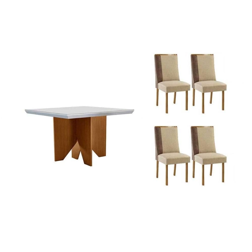 Conjunto: Mesa de Cozinha Nevada c/ Tampo Madeirado c/ Vidro Canto Curvo 90x90cm e 4 Cadeiras Tilia Naturale/Off White - Linho Bege - Rufato