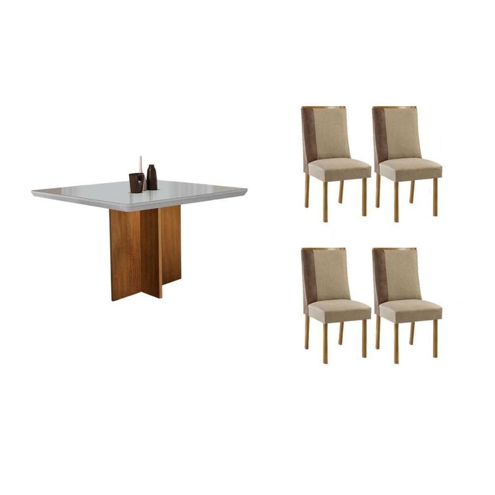Conjunto: Mesa de Cozinha Berlim c/ Tampo Madeirado c/ Vidro Canto Curvo 90x90cm e 4 Cadeiras Tilia Naturale/Off White - Suede Creme - Rufato