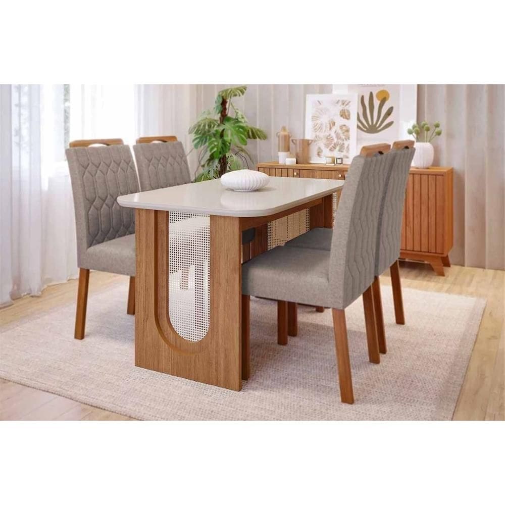 Conjunto: Mesa de Cozinha Valentina Tampo Madeirado c/ Vidro 130x80cm e 4 Cadeiras Paola Cinamomo/Off White - Carvalho/Suede Joli Capuccino - Cimol
