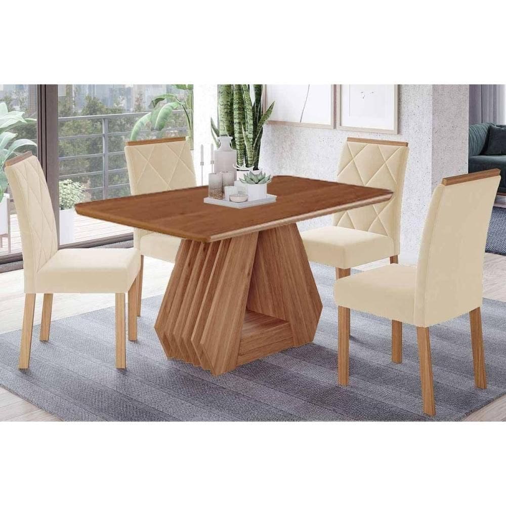 Conjunto: Mesa de Cozinha Ágata Tampo Madeirado 130x80cm e 4 Cadeiras Fernanda Cinamomo - Carvalho/Linho Bege - Cimol