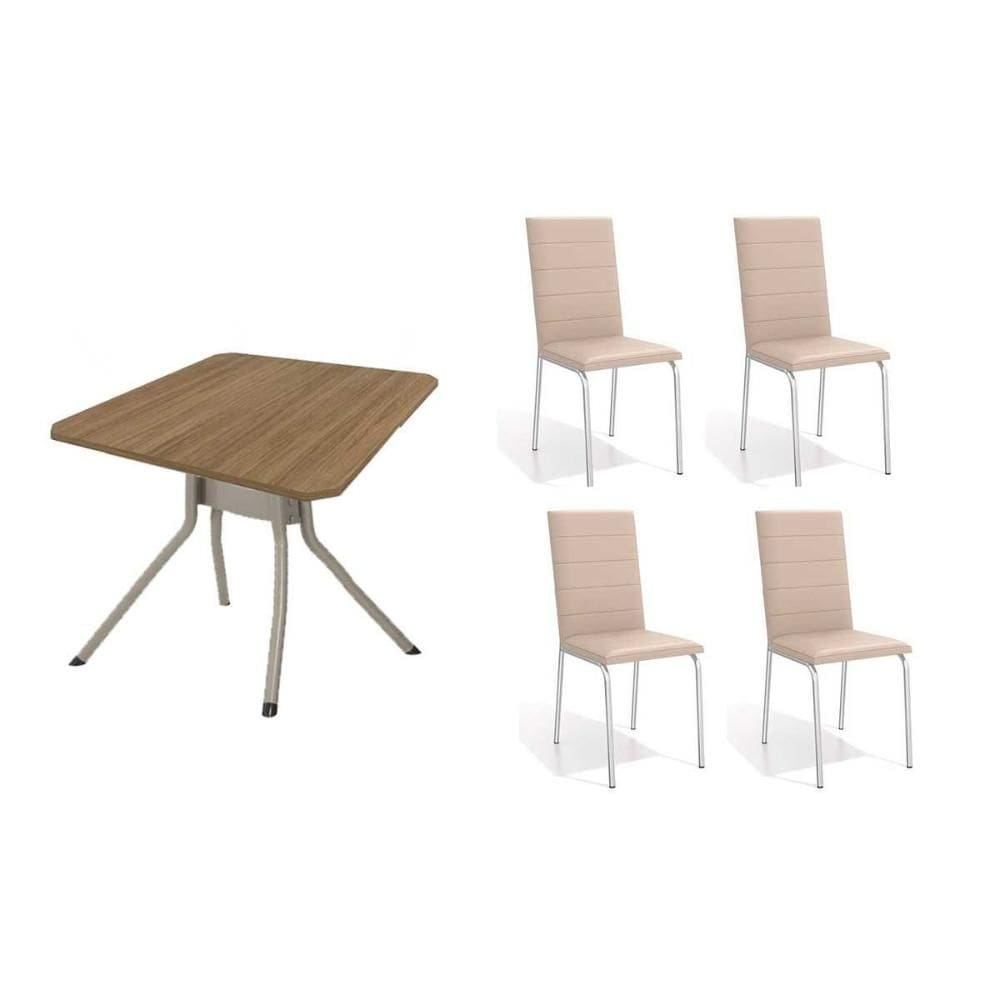 Conjunto: Mesa Sala Jantar Loire c/ Tampo de Madeira 90cm + 4 Cadeiras Amsterdã Niquel/Corano Bege - Kappesberg