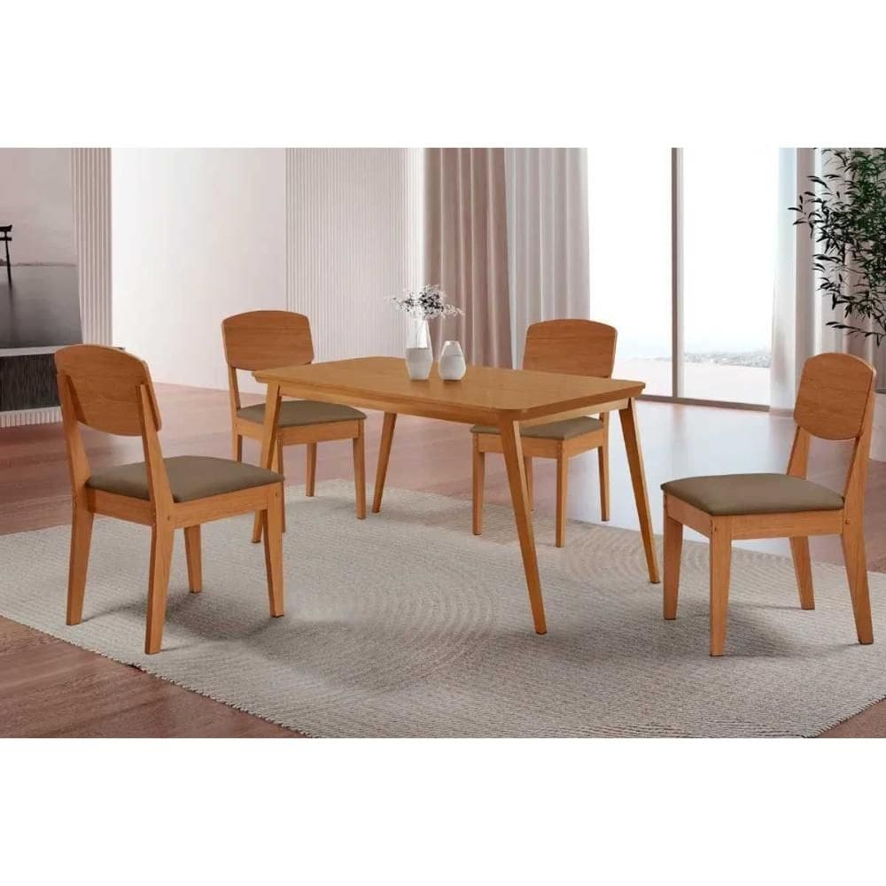 Conjunto: Mesa de Cozinha Havana c/ Tampo Madeirado Canto Curvo 120x80cm e 4 Cadeiras Havana Naturale - Suede Capuccino - Rufato
