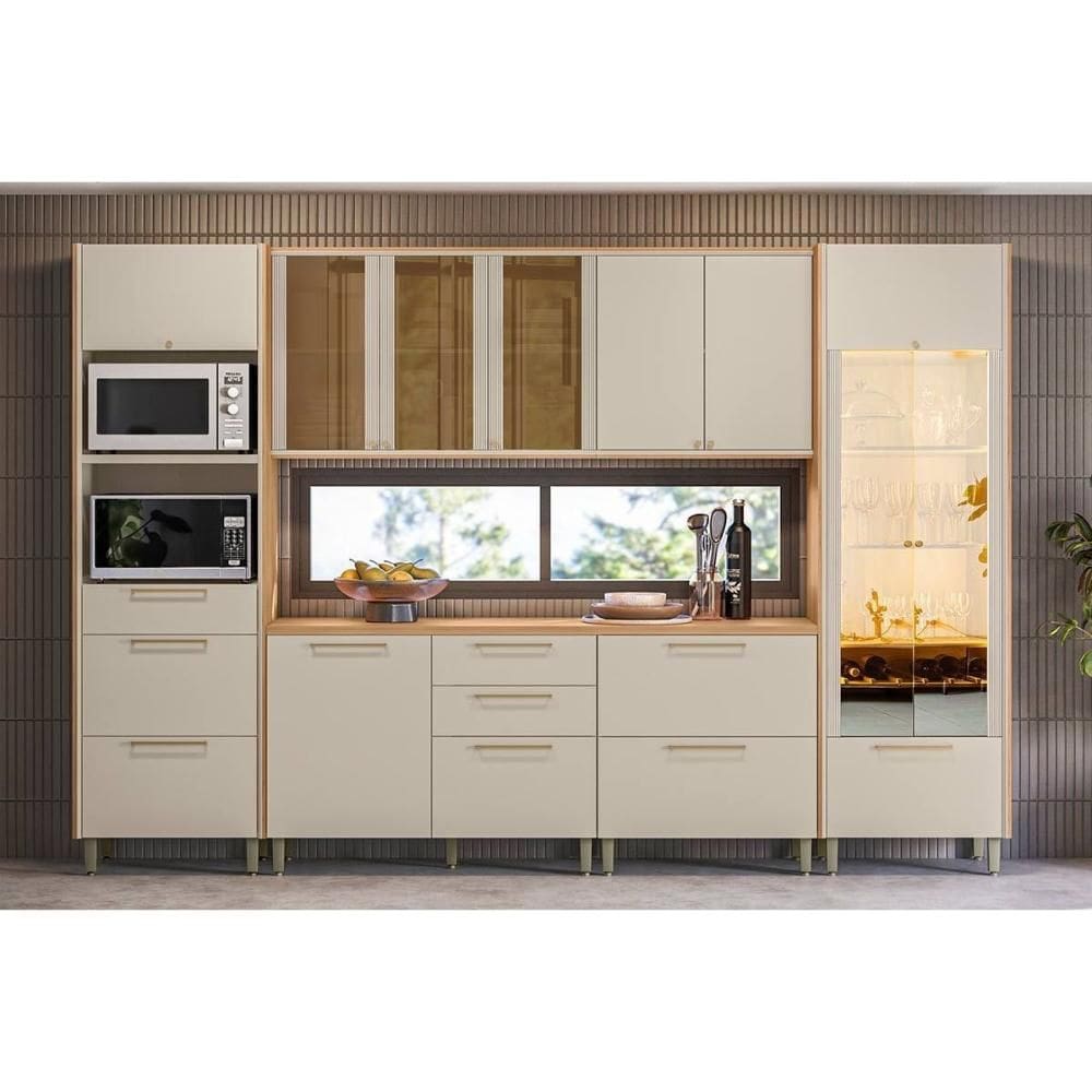 Cozinha Modulada Completa Atena 6 Peças (2Aéreos+2Balcões+1Cristaleira+1TorreQuente) CP02 Jequitiba/Off White Fosco - Linea Brasil