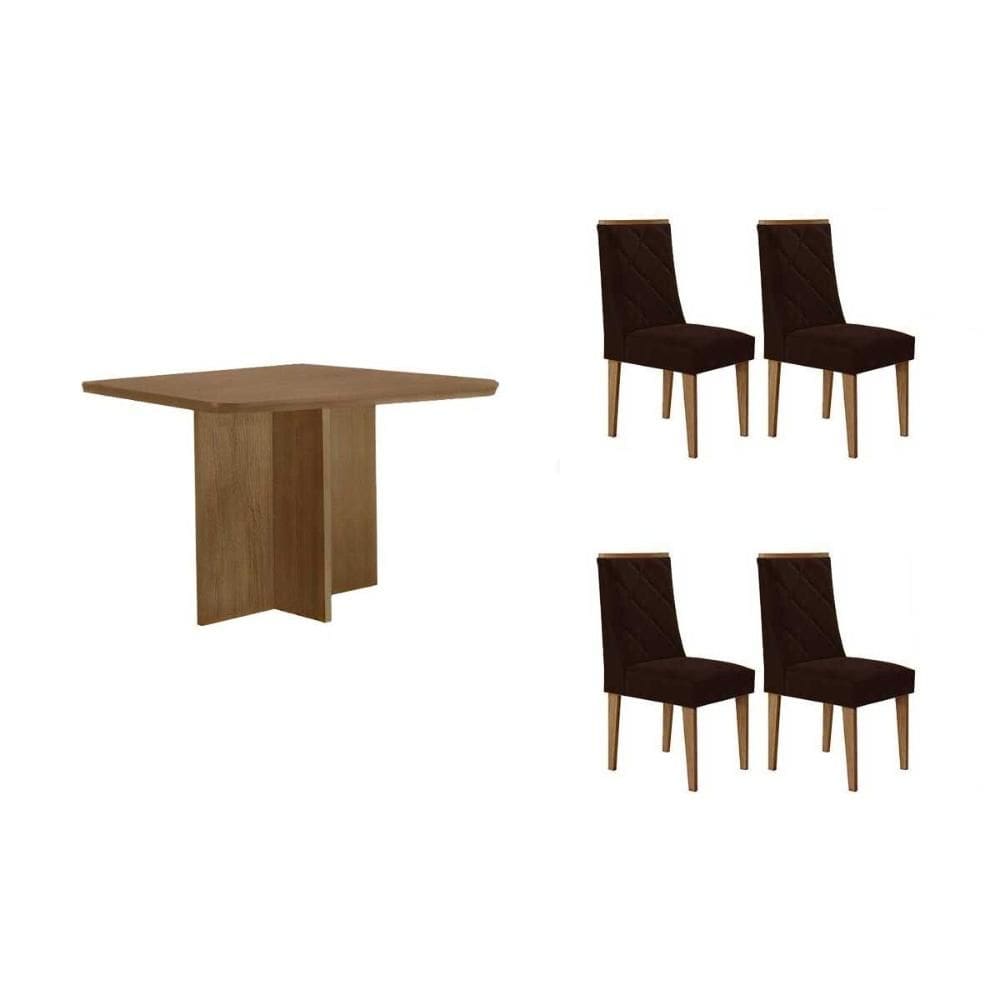 Conjunto: Mesa de Cozinha Berlim c/ Tampo Madeirado Canto Curvo 90x90cm e 4 Cadeiras Pietá Naturale - Suede Marrom - Rufato