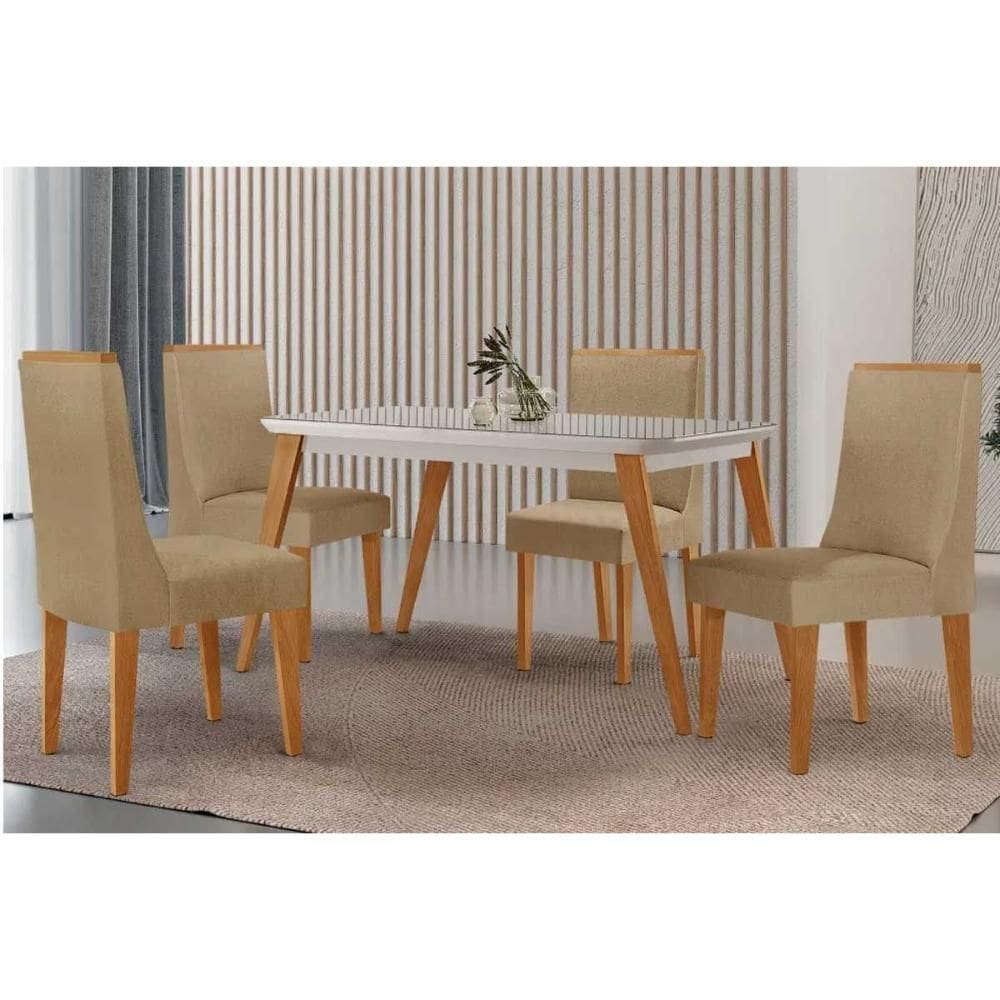 Mesa Cozinha Havana c/ Tampo Madeirado c/ Vidro Canto Curvo 120x80cm e 4 Cadeiras Dakota Madeira Maciça Naturale/Off White - Capuccino/Linho Bege-Rufa