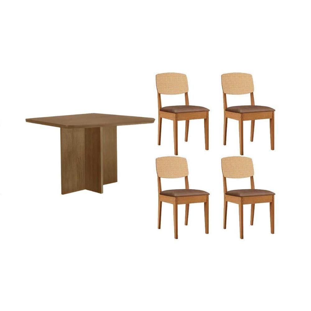 Conjunto: Mesa de Cozinha Berlim c/ Tampo Madeirado Canto Curvo 90x90cm e 4 Cadeiras Havana Premium Naturale - Corano Capuccino - Rufato