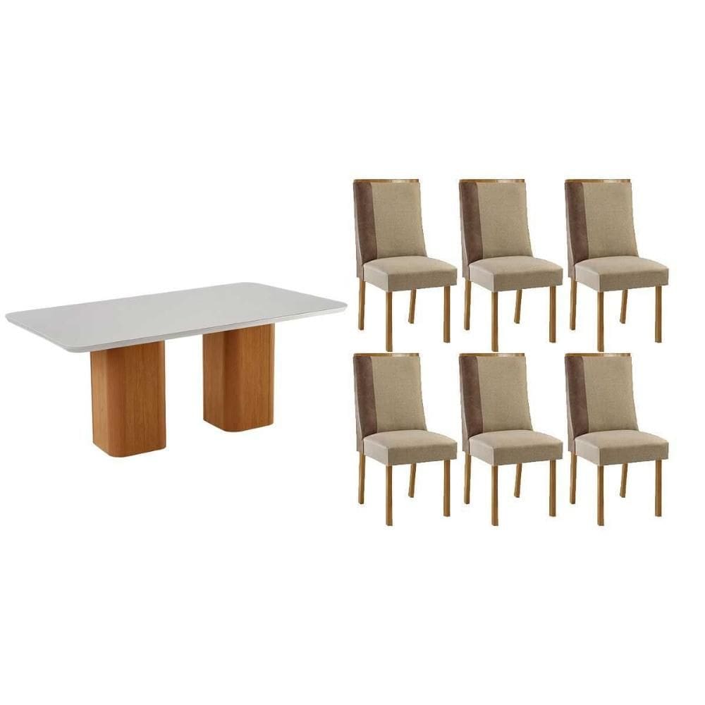 Conjunto: Mesa de Cozinha Maldivas c/ Tampo Madeirado c/ Vidro Canto Curvo 180x90cm e 6 Cadeiras Tilia Naturale/Off White - Suede Creme - Rufato