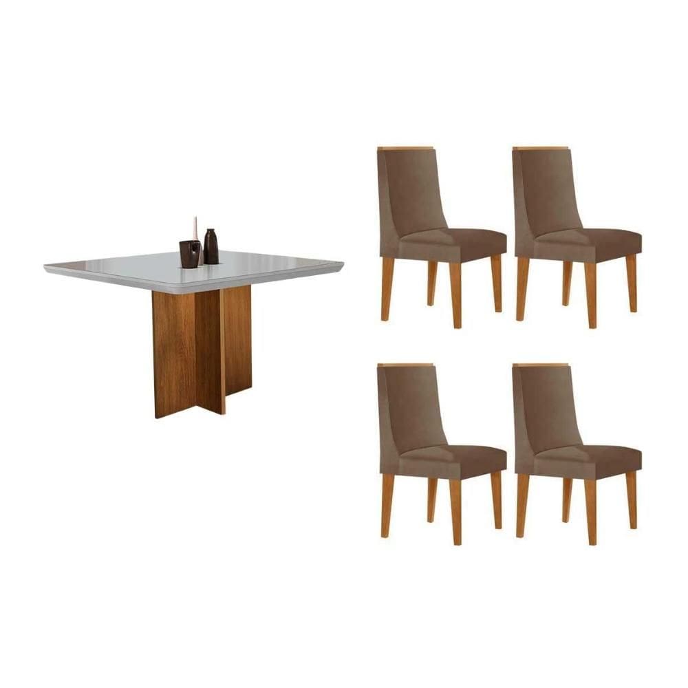 Conjunto: Mesa de Cozinha Berlim c/ Tampo Madeirado c/ Vidro Canto Curvo 90x90cm e 4 Cadeiras Dakota Naturale/Off White - Corano Capuccino - Rufato