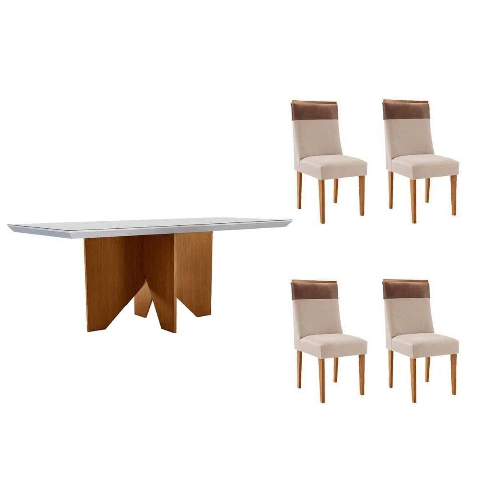 Conjunto: Mesa de Cozinha Nevada c/ Tampo Madeirado c/ Vidro Canto Curvo 120x80cm e 4 Cadeiras Jaspe Naturale/Off White - Suede Creme - Rufato