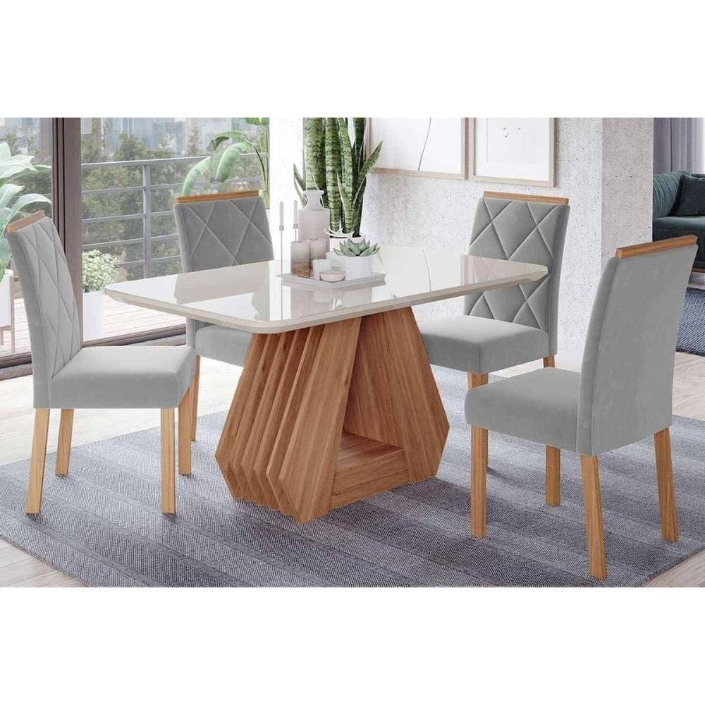 Conjunto: Mesa de Cozinha Ágata Tampo Madeirado c/ Vidro 130x80cm e 4 Cadeiras Fernanda Cinamomo/Off White - Carvalho/Linho Grafite - Cimol