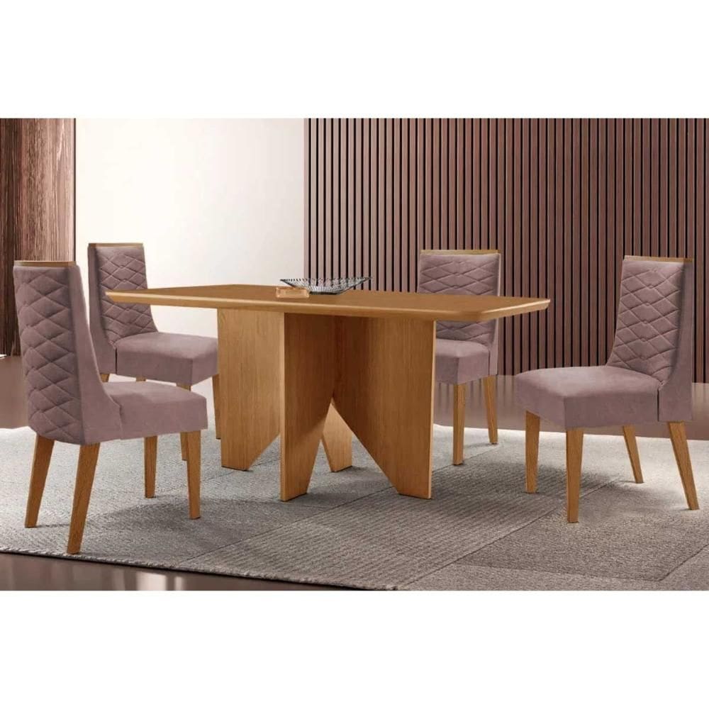 Conjunto: Mesa de Cozinha Nevada c/ Tampo Madeirado Canto Curvo 120x80cm e 4 Cadeiras Dafne Naturale - Linho Capuccino - Rufato
