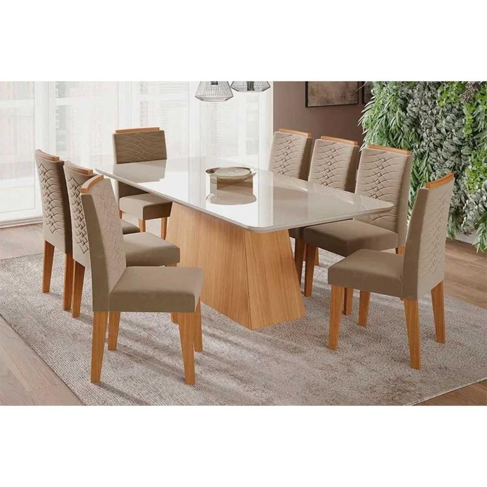 Conjunto: Mesa Sala Jantar Helena Tampo Madeirado c/ Vidro 210x100cm e 8 Cadeiras Clarice Cinamomo/Off White - Carvalho/Suede Joli Capuccino - Cimol