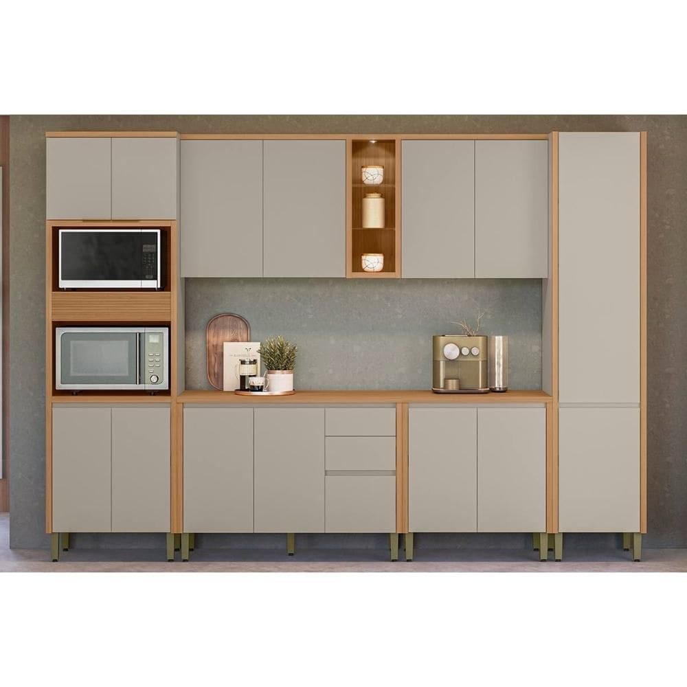 Cozinha Modulada Completa Allure 6 Peças (2Aéreos+2Balcões+1Paneleiro+1TorreQuente) CP19 Jequitiba/Gris Fosco - Linea Brasil