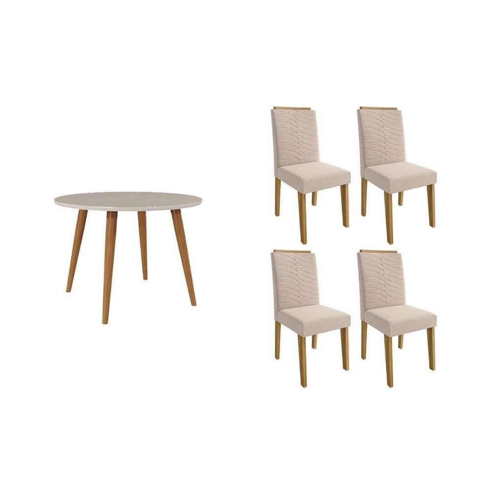 Conjunto: Mesa Sala Jantar Dani c/ Tampo Madeirado c/ Vidro 110cm e 4 Cadeiras Clarice Nature/Suede Nude Bege - Cimol