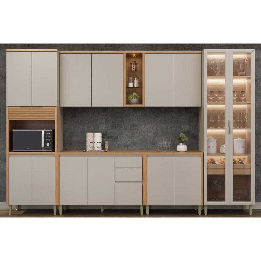 Cozinha Modulada Completa Allure 6 Peças (2Aéreos+2Balcões+1Cristaleira+1Paneleiro) CP06 Jequitiba/Gris Fosco - Linea Brasil