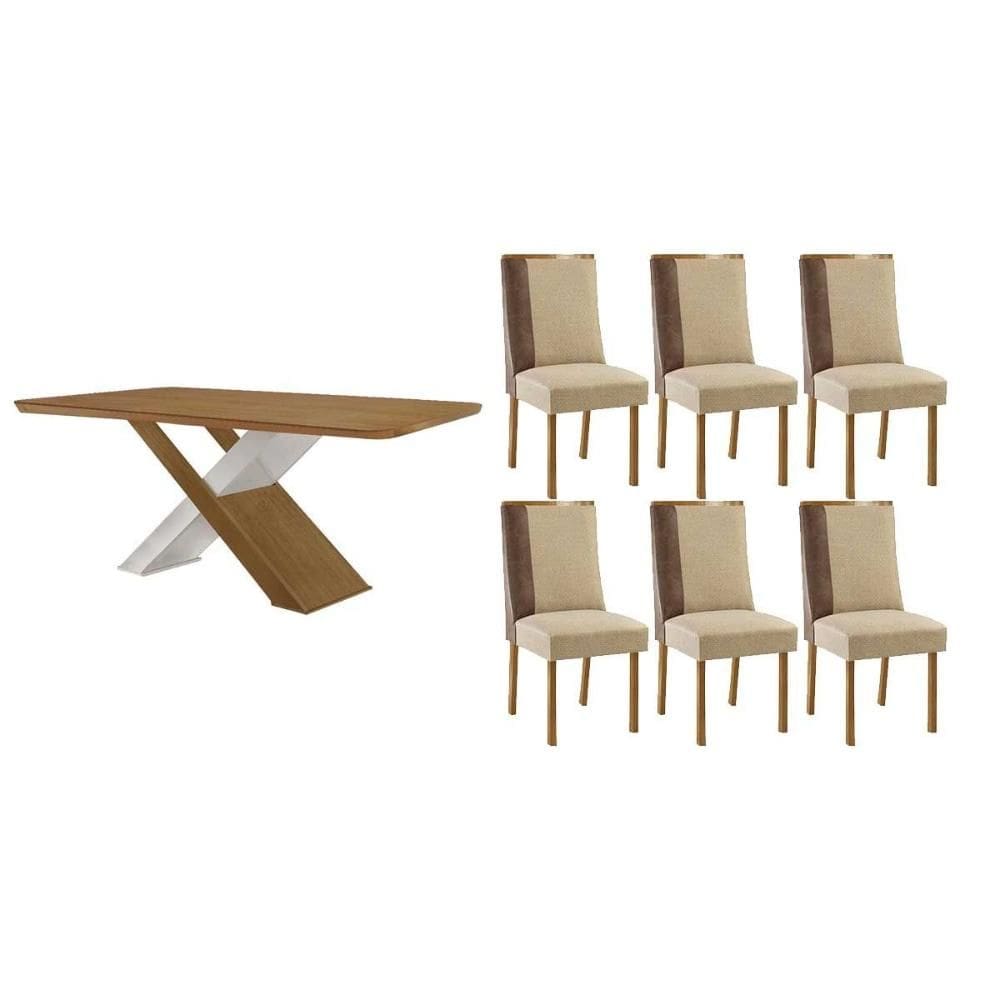 Conjunto: Mesa de Cozinha Imperatriz c/ Tampo Madeirado Canto Curvo 180x90cm e 6 Cadeiras Tilia Naturale/Off White - Linho Bege - Rufato