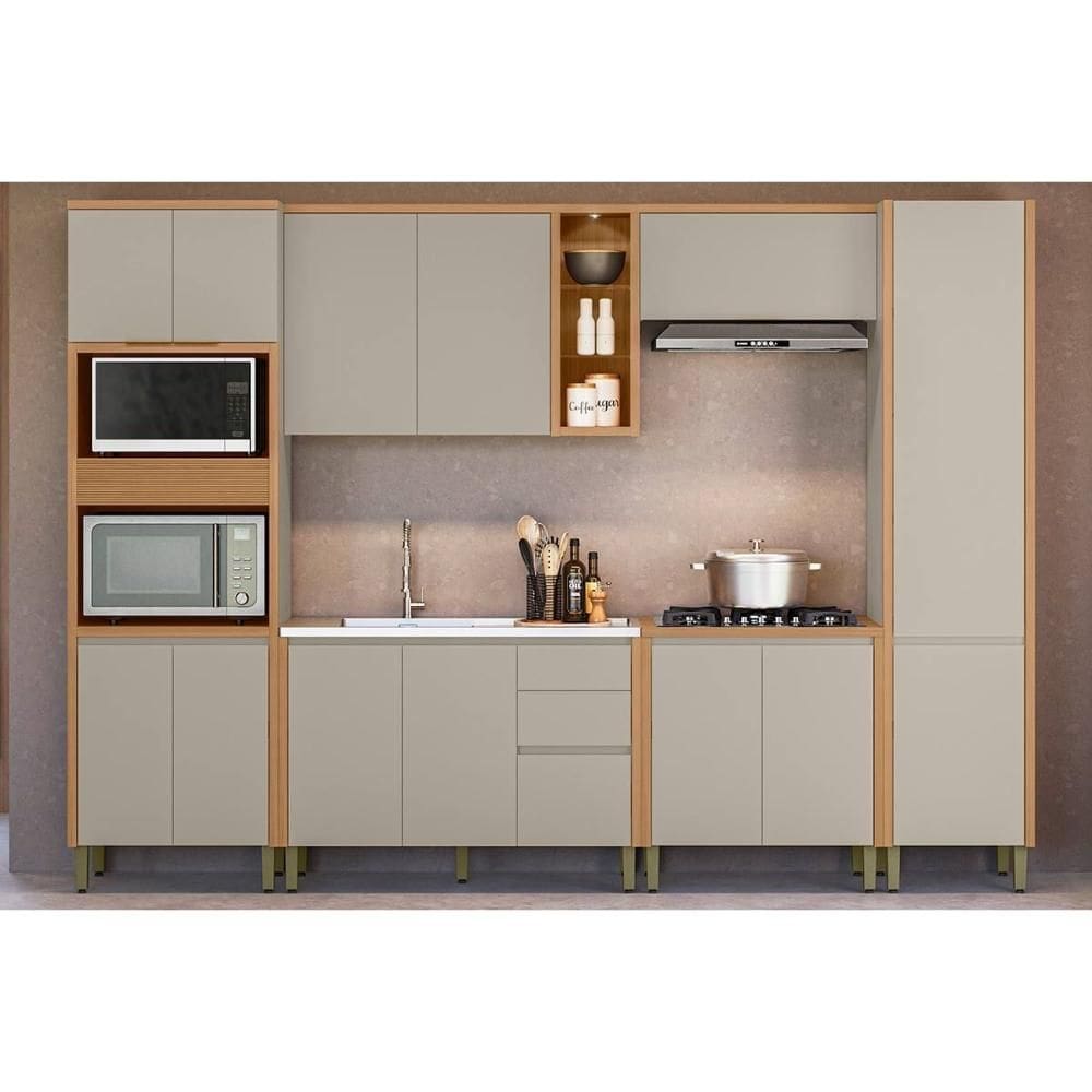 Cozinha Modulada Completa Allure 6 Peças (2Aéreos+2Balcões+1Paneleiro+1TorreQuente) CP18 Jequitiba/Gris Fosco - Linea Brasil