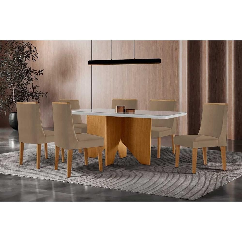 Conjunto: Mesa de Cozinha Nevada c/ Tampo Madeirado c/ Vidro Canto Curvo 180x90cm e 6 Cadeiras Dakota Naturale/Off White - Linho Bege - Rufato
