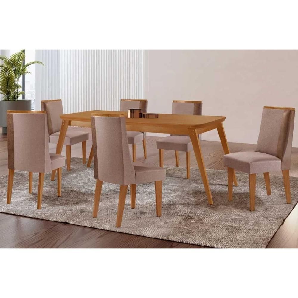Conjunto: Mesa de Cozinha Havana c/ Tampo Madeirado Canto Curvo 180x90cm e 6 Cadeiras Tilia Naturale - Linho Capuccino - Rufato