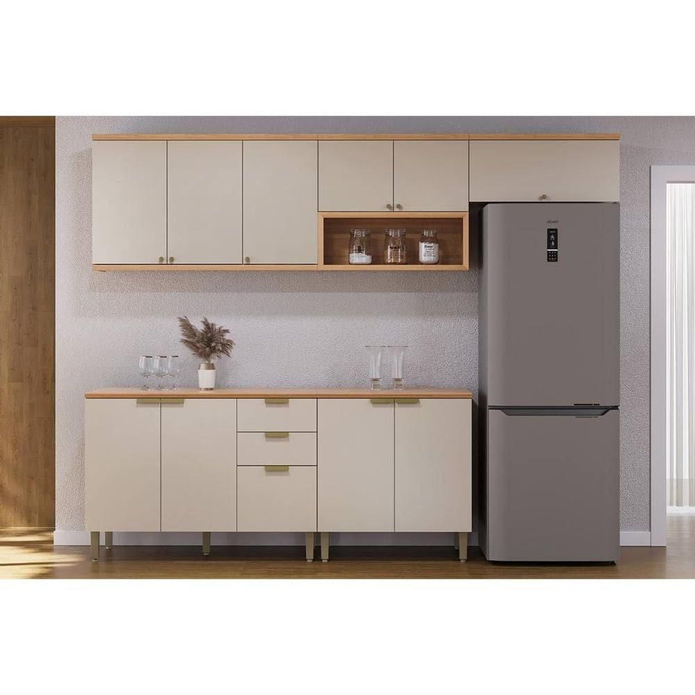 Cozinha Modulada Completa Selene 5 Peças (3Aéreos+2Balcões) CP16 Jequitiba/Off White Fosco - Linea Brasil