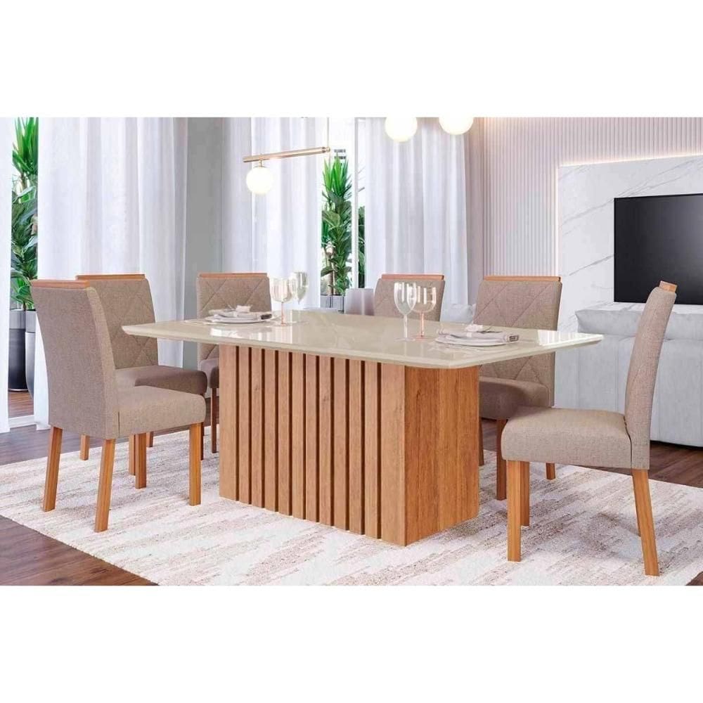 Conjunto: Mesa de Cozinha Ana Tampo Madeirado c/ Vidro 180x90cm e 6 Cadeiras Fernanda Cinamomo/Off White - Carvalho/Linho Bege - Cimol