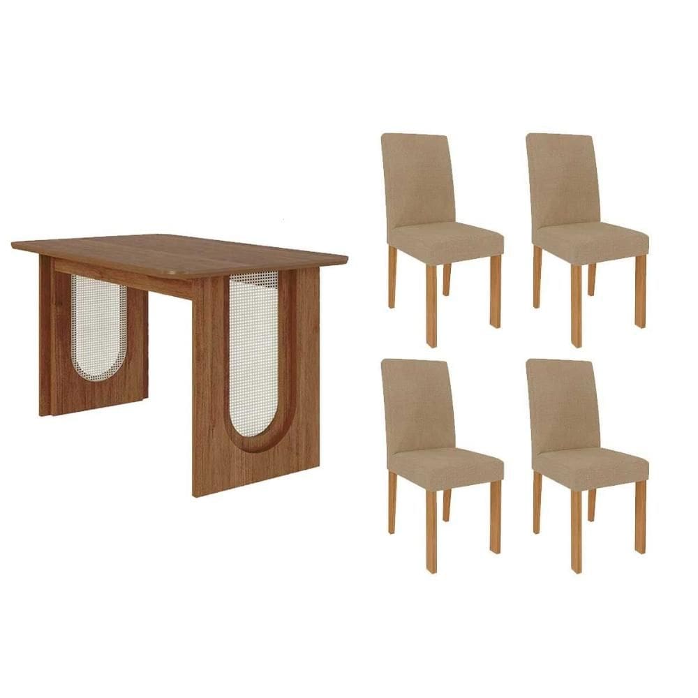Conjunto: Mesa de Cozinha Valentina Tampo Madeirado 130x80cm e 4 Cadeiras Maia Cinamomo - Nature/Suede Gengibre Bege - Cimol